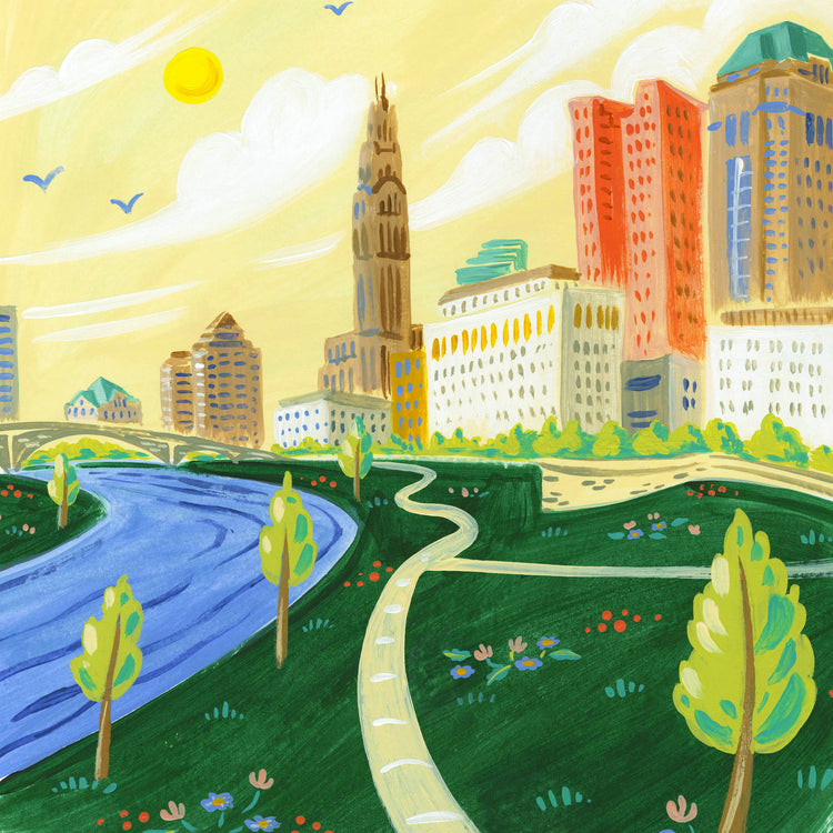 Downtown Columbus Riverfront illustration detail with Scioto Mile; artwork by Angela Staehling