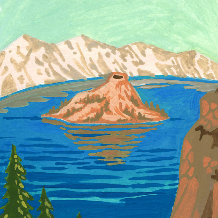 Crater Lake National Park art detail with Cascade Mountains in Oregon; trendy illustration by Angela Staehling