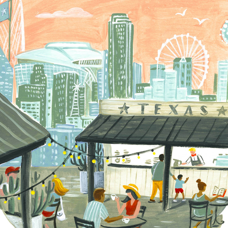 Trendy Downtown Dallas Skyline illustration detail with outdoor restaurants and modern colors; artwork by Angela Staehling