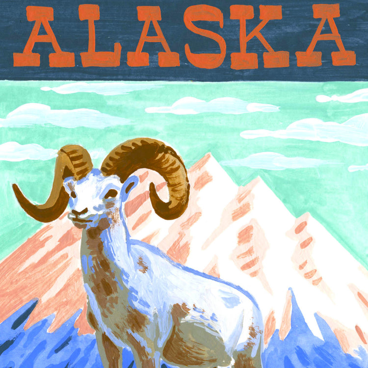 Denali National Park art detail with Dall Sheep, Mount McKinley, and Alaska mountains; trendy illustration by Angela Staehling