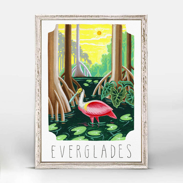 Everglades National Park art with Roseate Spoonbill, lily pads, and mangrove trees; trendy illustration by Angela Staehling