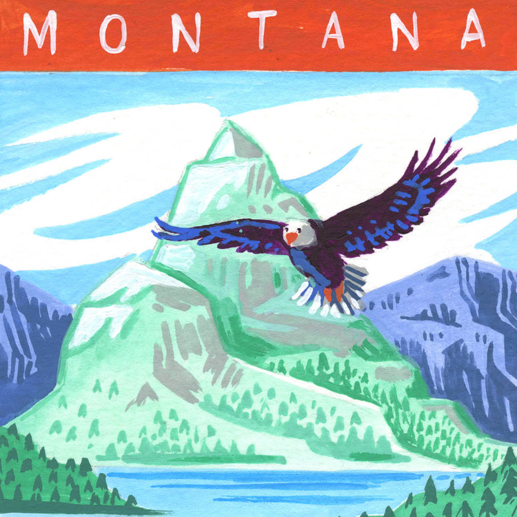 Glacier National Park art detail with bald eagle, Rocky Mountains, and Hidden Lake; trendy illustration by Angela Staehling