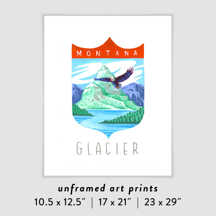 Glacier National Park art print with bald eagle, Rocky Mountains, and Hidden Lake; trendy illustration by Angela Staehling