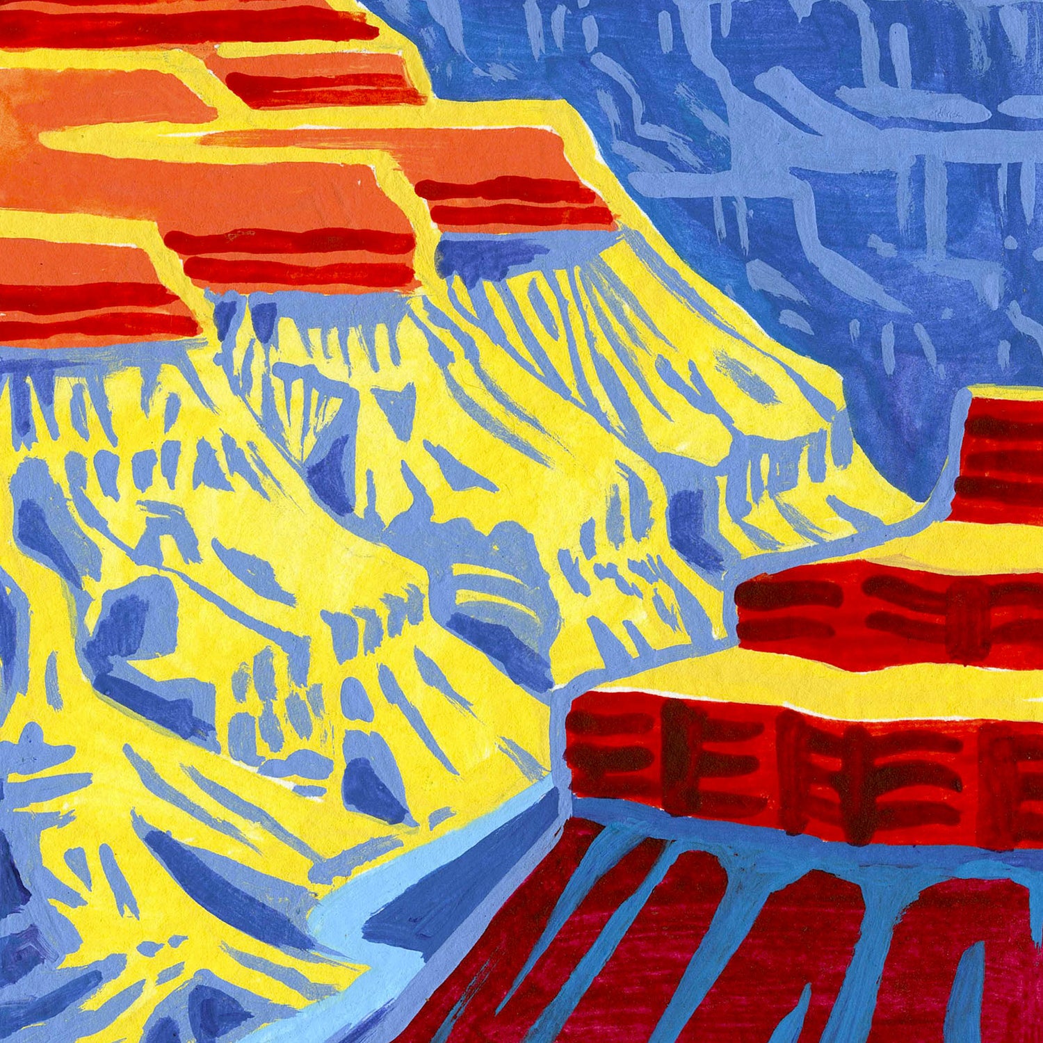 Grand Canyon National Park art detail with layered bands of red rock and sunset; trendy illustration by Angela Staehling