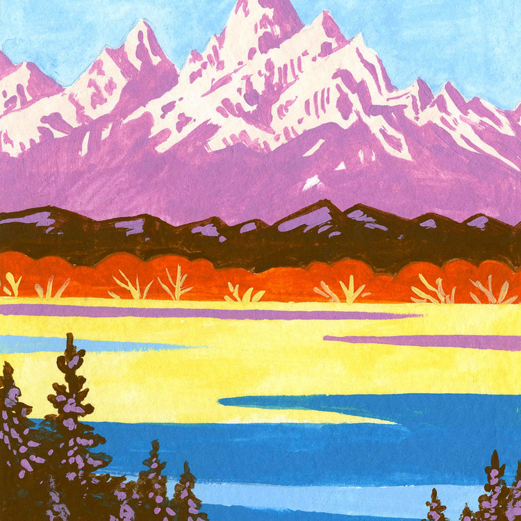 Grand Teton National Park art detail with mountains, Snake River, trees, and trails; trendy illustration by Angela Staehling