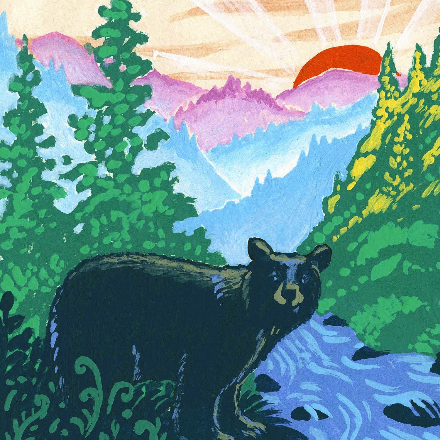 Great Smoky Mountains National Park art detail with black bear, sunset, mountains, and forest; trendy illustration by Angela Staehling