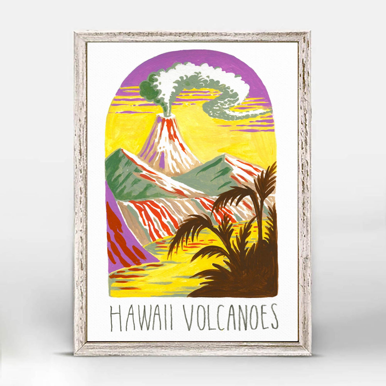 Hawaii Volcanoes National Park art with Kīlauea and Mauna Loa active volcanoes; trendy illustration by Angela Staehling