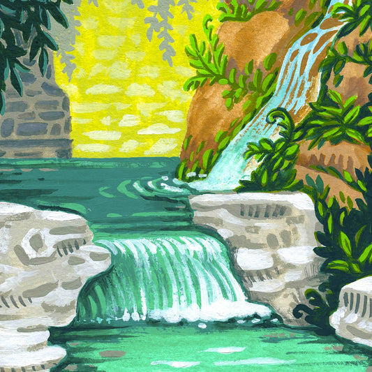 Hot Springs Arkansas  National Park art detail with thermal springs, waterfalls, and rock formations; trendy illustration by Angela Staehling