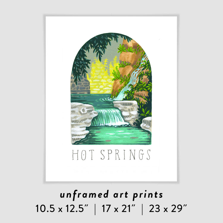 Hot Springs Arkansas  National Park art print with thermal springs, waterfalls, and rock formations; trendy illustration by Angela Staehling