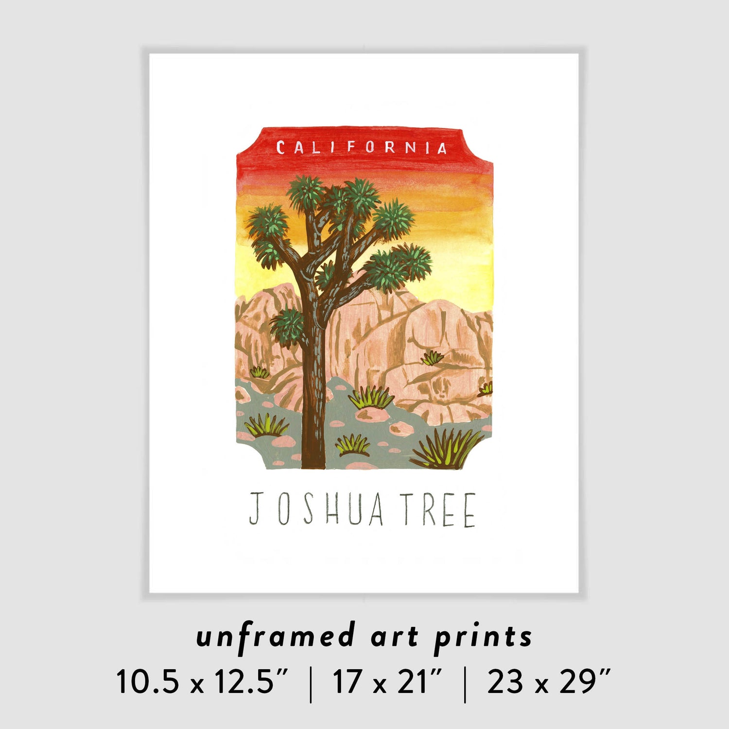Joshua Tree National Park art print with Coachella Valley, Mojave Desert, rock formations, and cactus garden; trendy illustration by Angela Staehling