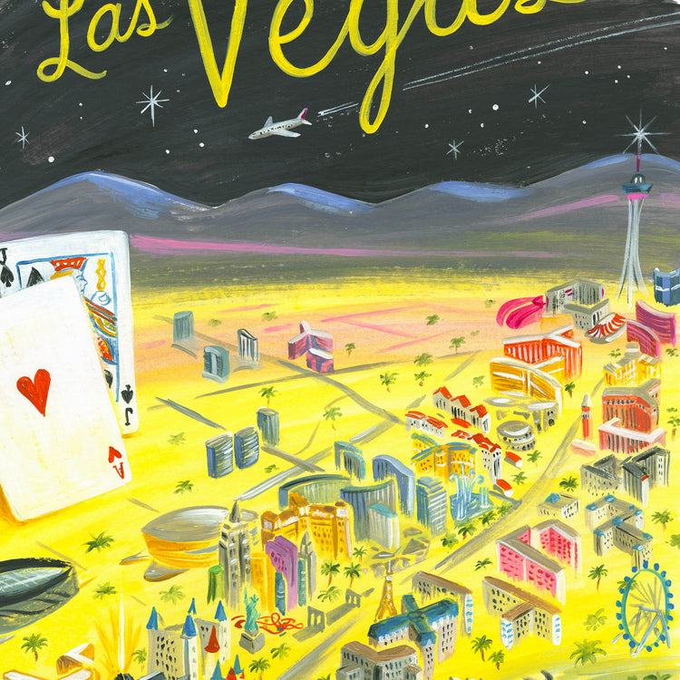 Las Vegas Strip artwork detail with casinos, famous Welcome to Las Vegas sign, and blackjack playing cards; illustration by Angela Staehling