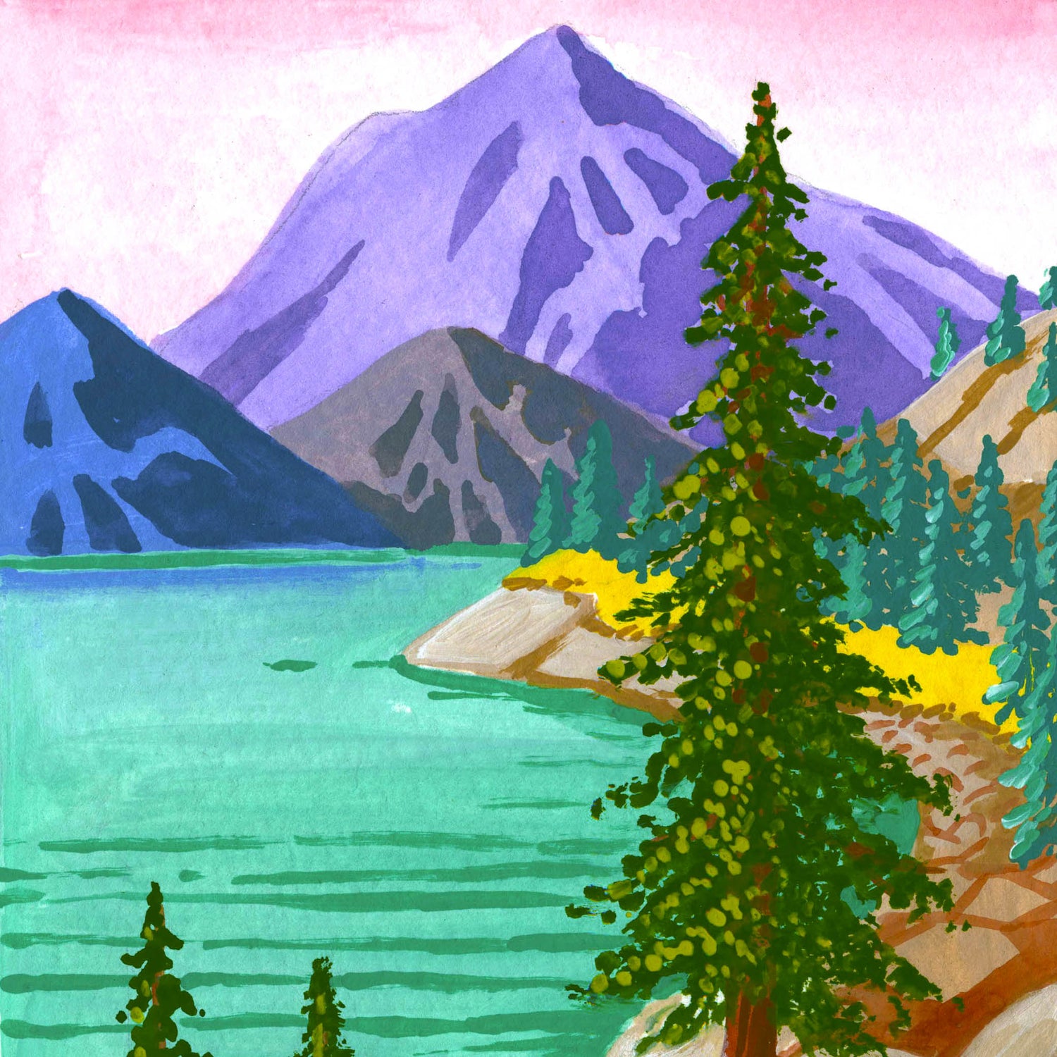 Lassen Volcanic National Park art detail with Manzanita Lake, lava rocks, and mountains; trendy illustration by Angela Staehling