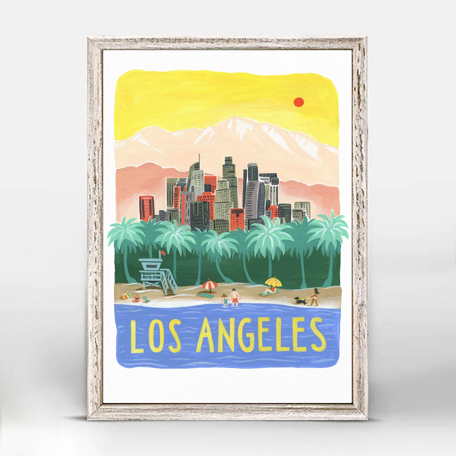 Los Angeles beach art with LA skyline and Hollywood Hills; illustration by Angela Staehling