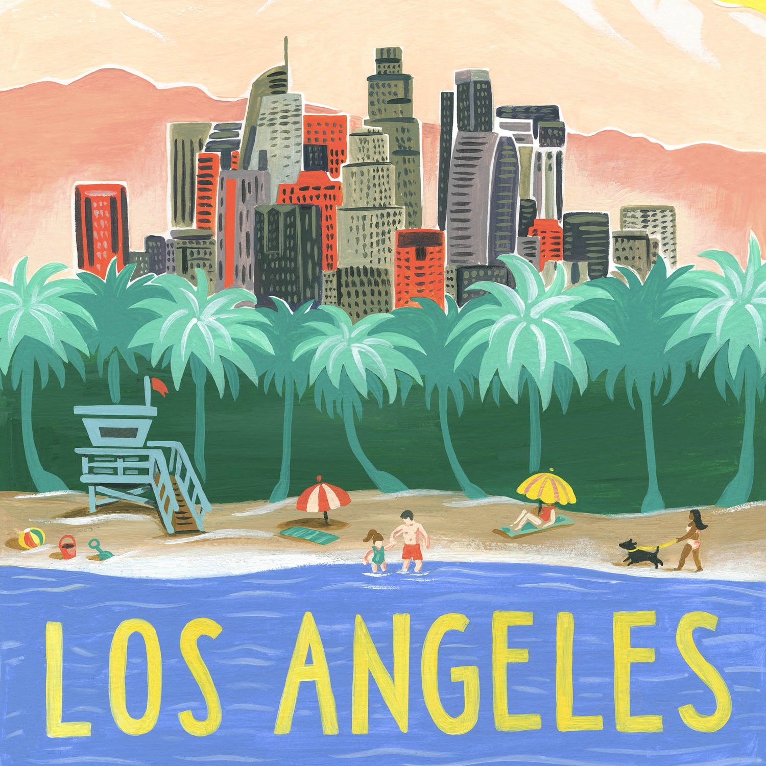 Los Angeles beach art detail with LA skyline and Hollywood Hills; illustration by Angela Staehling