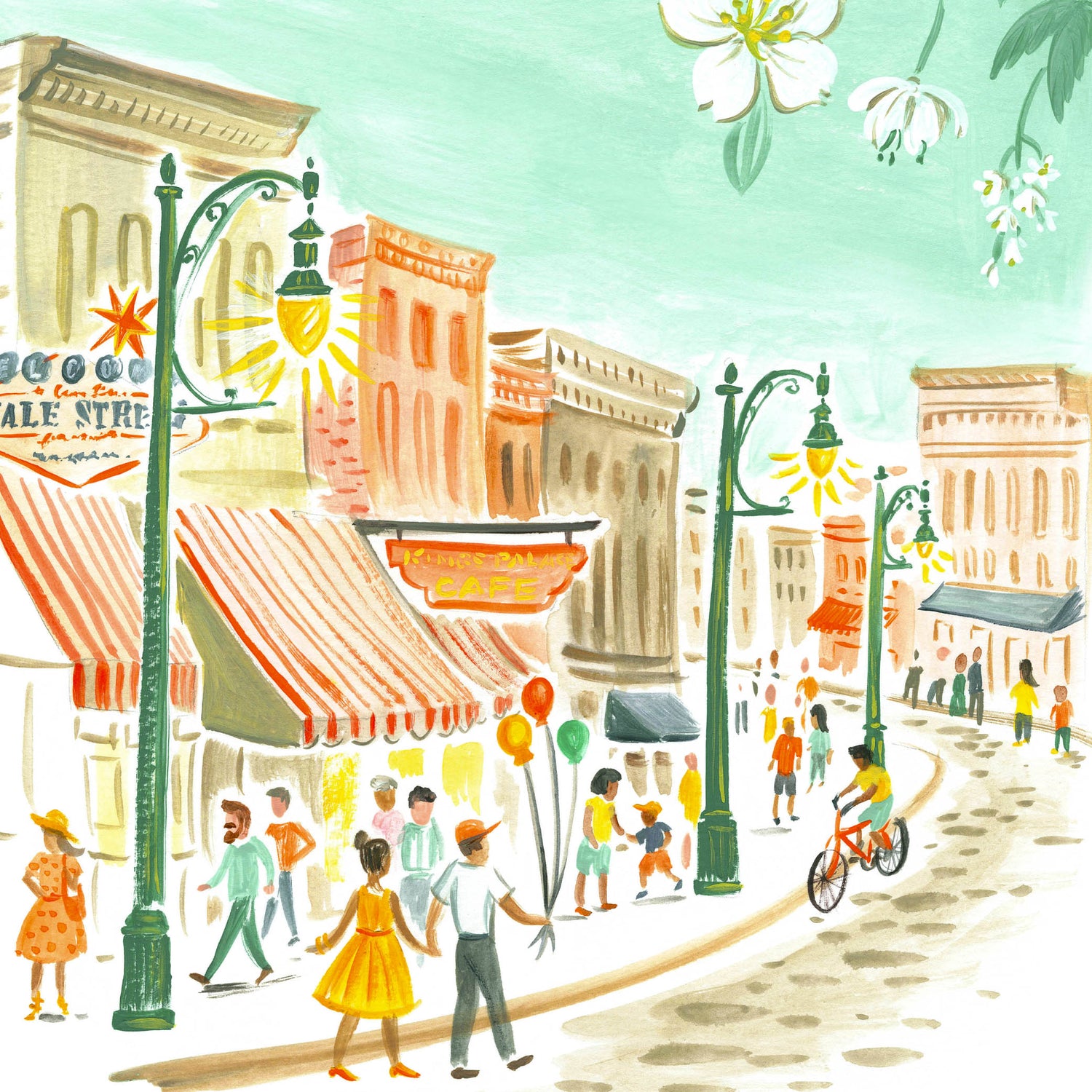 Downtown Memphis art detail with Beale Street in modern pastel colors; illustration by Angela Staehling