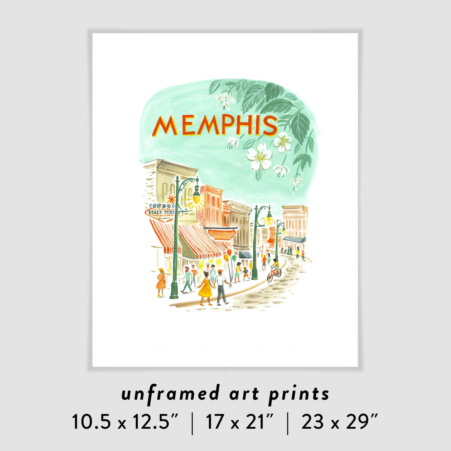 Downtown Memphis art print with Beale Street in modern pastel colors; illustration by Angela Staehling