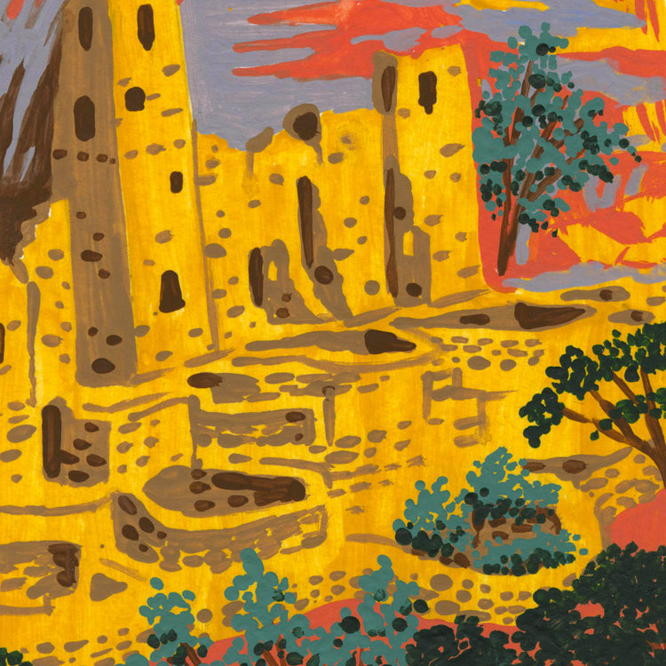 Mesa Verde National Park art detail with Pueblo cliff dwellings and huge Cliff Palace in Southwest Colorado; trendy illustration by Angela Staehling
