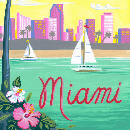 Miami Beach art detail with sailboat, sunset, and palm tree in pastel colors; illustration by Angela Staehling