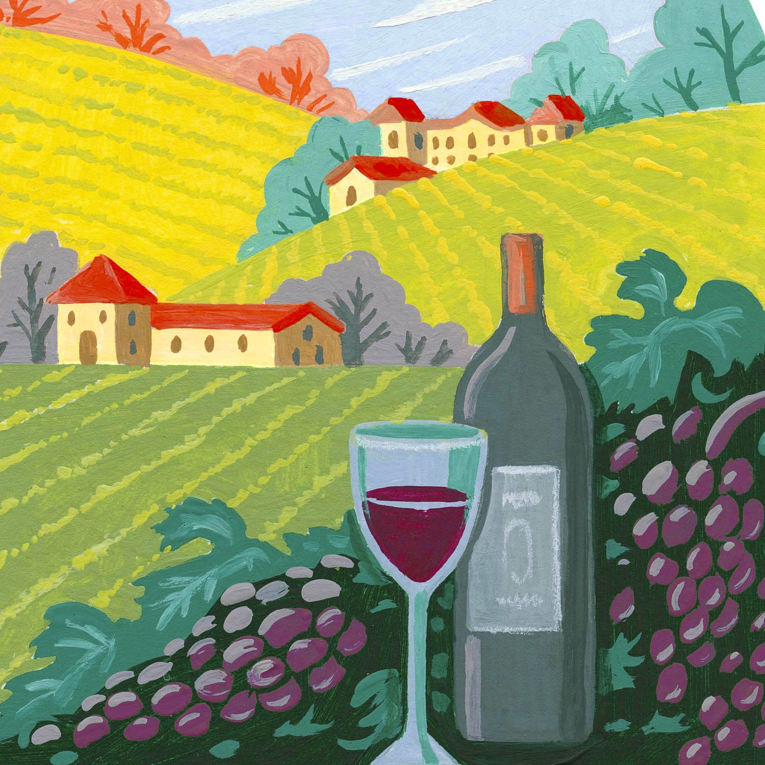 Napa Valley art detail with wine, wineries, and vineyards in modern colors; illustration by Angela Staehling