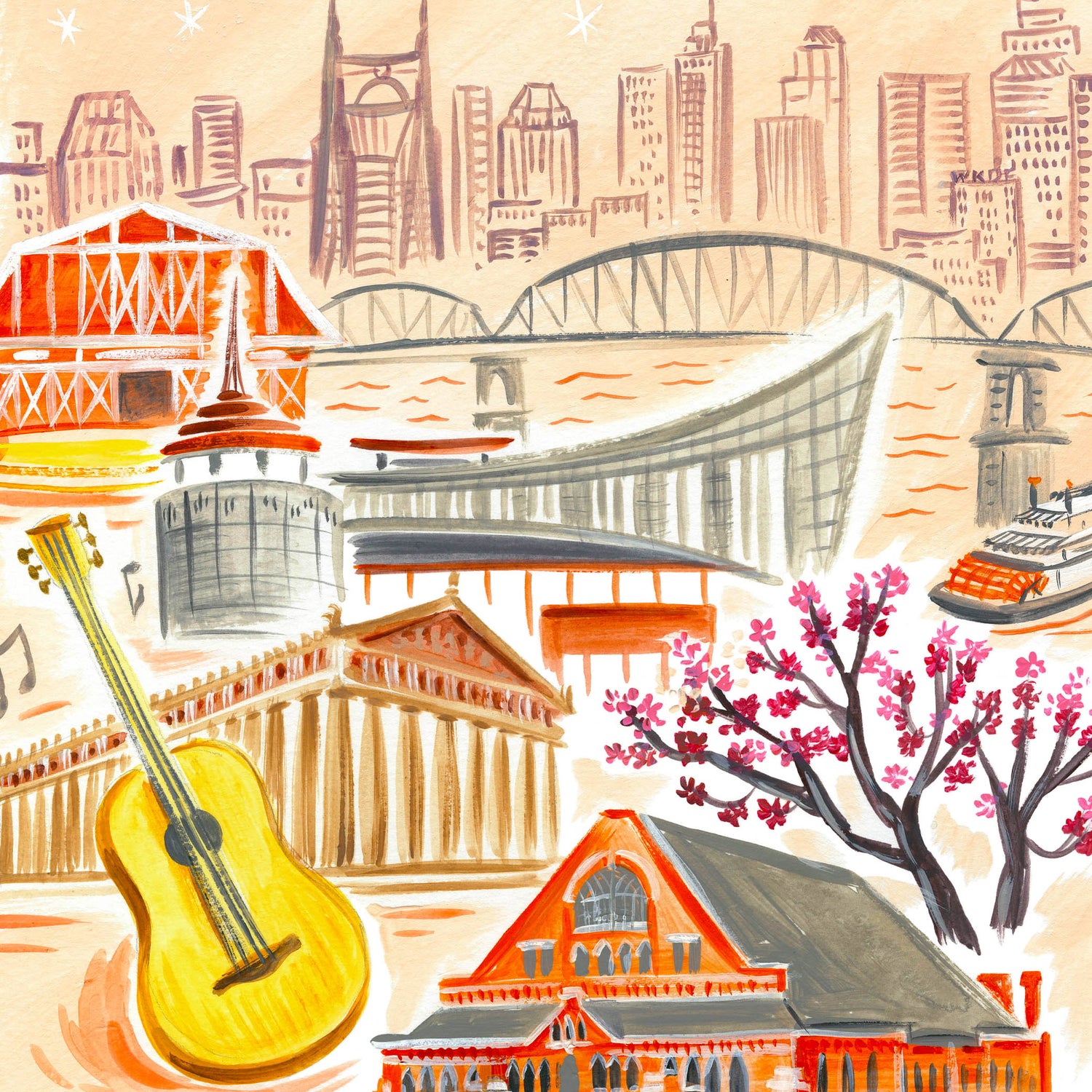Downtown Nashville Skyline art detail with famous Music City landmarks in modern colors; illustration by Angela Staehling