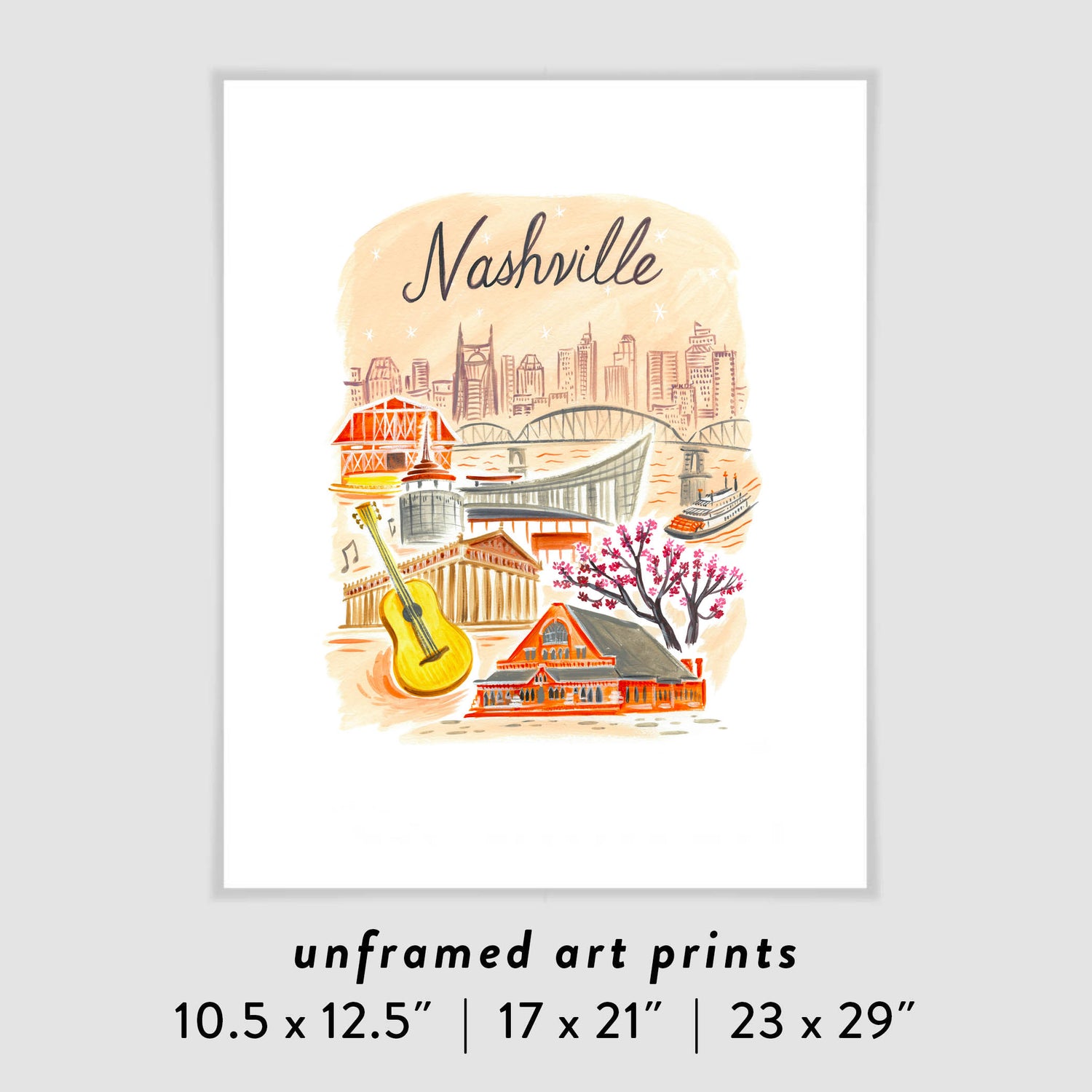Downtown Nashville Skyline art print with famous Music City landmarks in modern colors; illustration by Angela Staehling