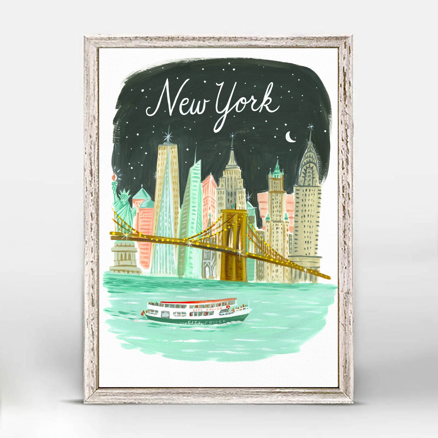 New York City Skyline art with Brooklyn Bridge, city lights, Statue of Liberty, and East River; trendy illustration by Angela Staehling