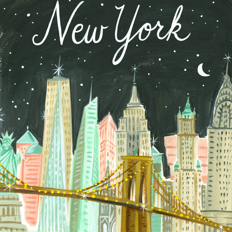 New York City Skyline art detail with Brooklyn Bridge, city lights, Statue of Liberty, and East River; trendy illustration by Angela Staehling