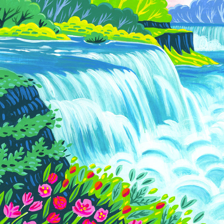 Niagara Falls National Park art detail with waterfalls, flowers, trees, and sunset; trendy illustration by Angela Staehling