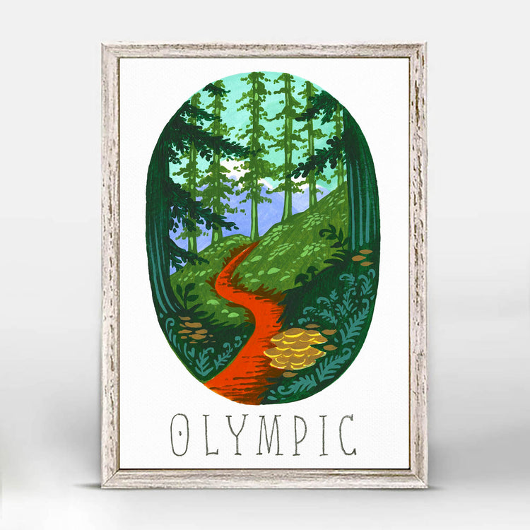 Olympic National Park art with Olympic Mountains, forests, and hiking trail; trendy illustration by Angela Staehling