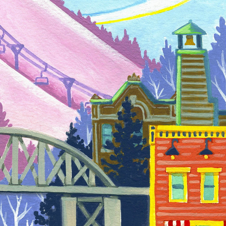 Park City Ski art detail with ski slopes, mountains and historic Main Street; trendy illustration by Angela Staehling