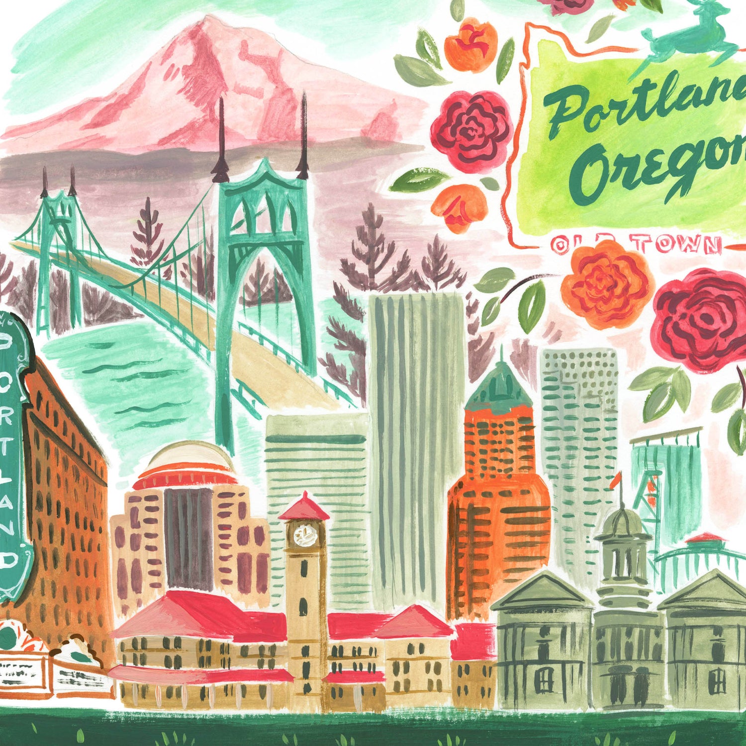 Portland skyline art detail with St. John's Bridge, downtown, and famous Portland signs; trendy illustration by Angela Staehling