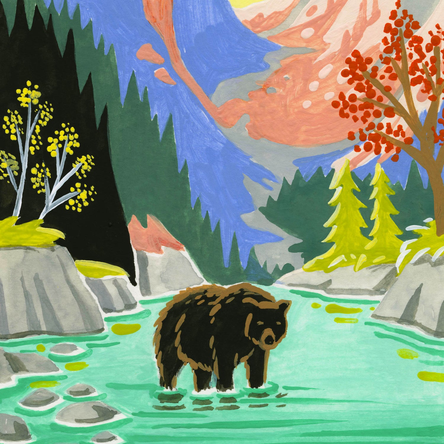 Rocky Mountain National Park art detail with black bear, mountains, and stream; trendy illustration by Angela Staehling
