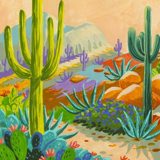 Saguaro National Park art detail with cactus at sunset. Illustration by Angela Staehling
