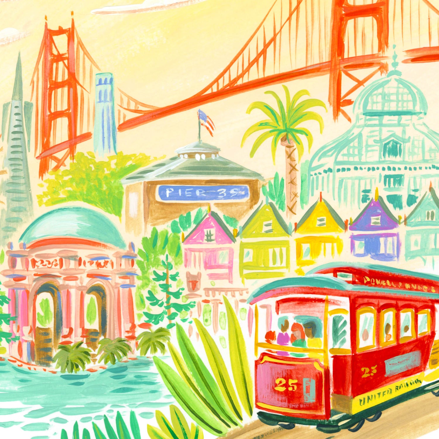 San Francisco Skyline art detail with Golden Gate Bridge, trolley car, and Fisherman's Wharf; trendy illustration by Angela Staehling