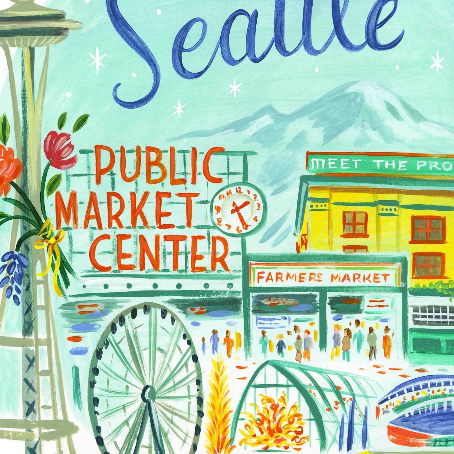 Seattle art detail with Space Needle, Pikes Place Market, and Public Market Center; trendy illustration by Angela Staehling