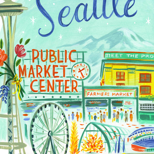 Seattle art detail with Space Needle, Pikes Place Market, and Public Market Center; trendy illustration by Angela Staehling