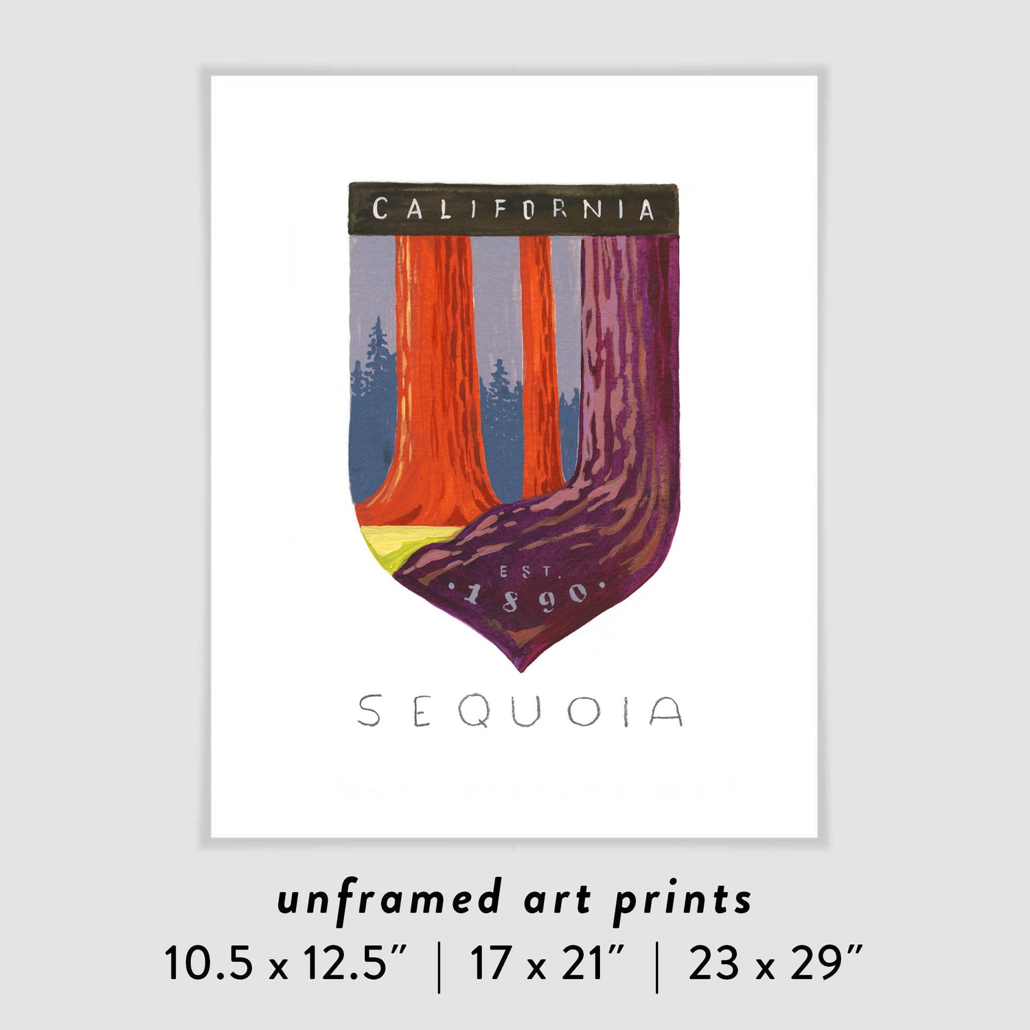Sequoia National Park art print with giant California sequoia trees; trendy illustration by Angela Staehling