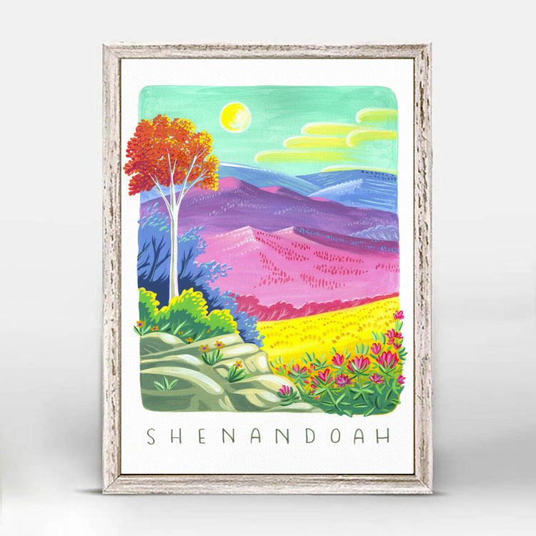 Shenandoah National Park art with flowers, forests, and Blue Ridge mountains; trendy illustration by Angela Staehling