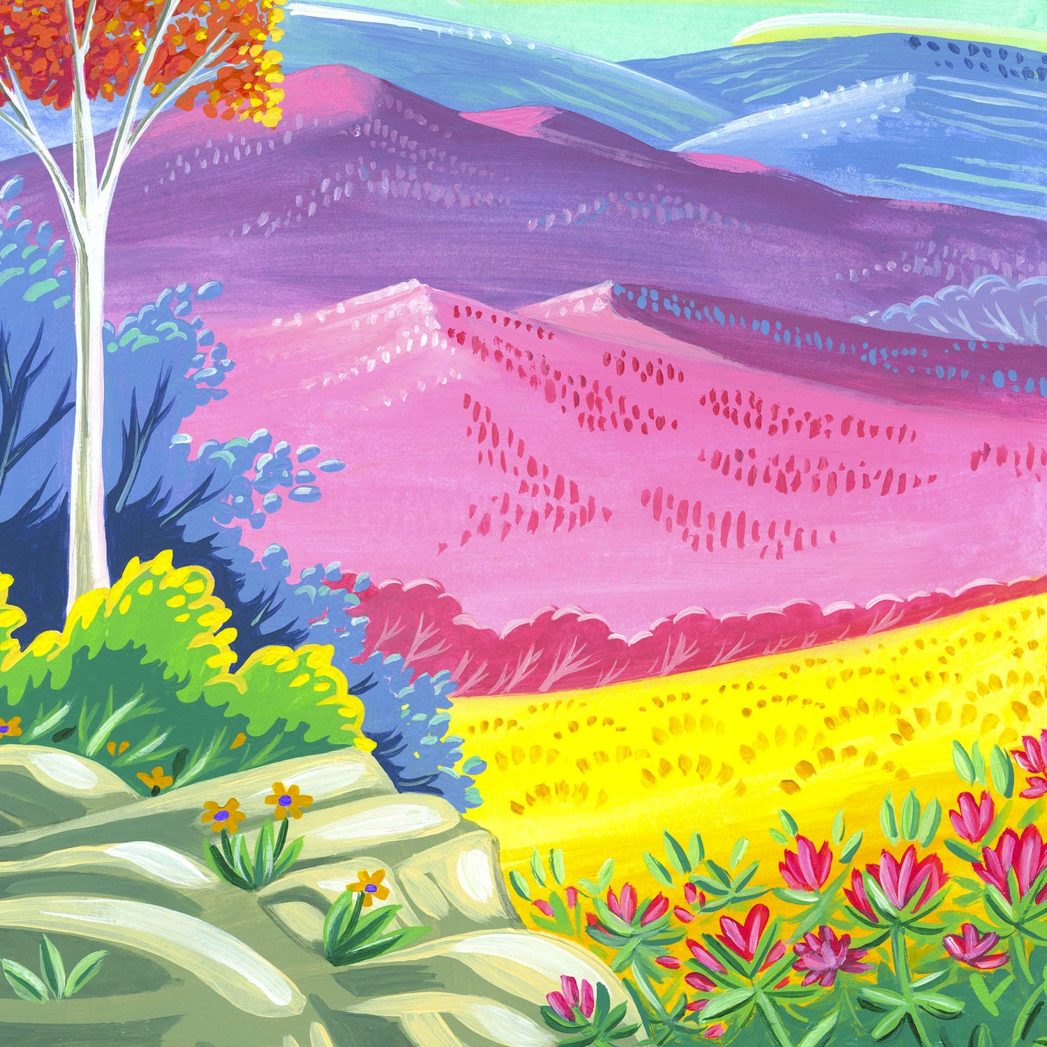 Shenandoah National Park art detail with flowers, forests, and Blue Ridge mountains; trendy illustration by Angela Staehling