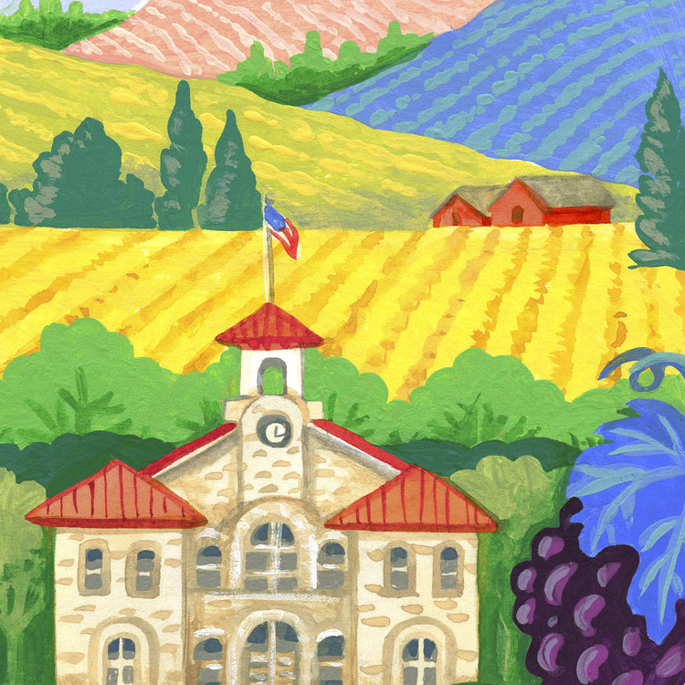 Sonoma Valley art detail with winery, vineyard, and Sonoma Plaza; trendy illustration by Angela Staehling
