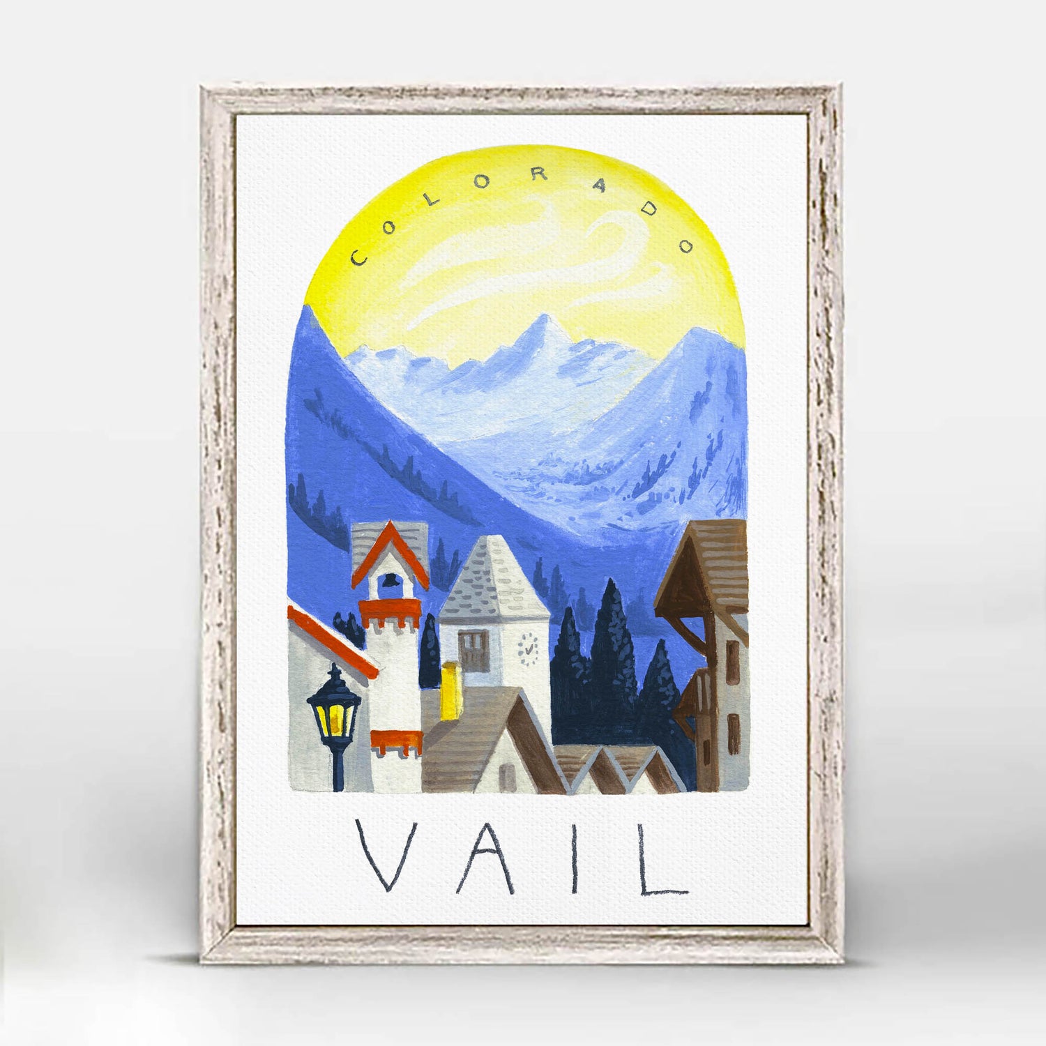 Vail art with Vail Village, ski resort, and mountains; trendy illustration by Angela Staehling