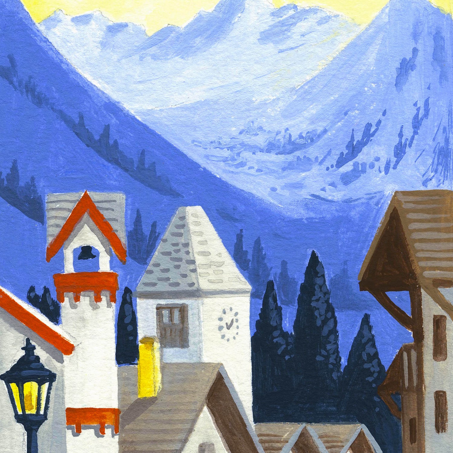 Vail art detail with Vail Village, ski resort, and mountains; trendy illustration by Angela Staehling