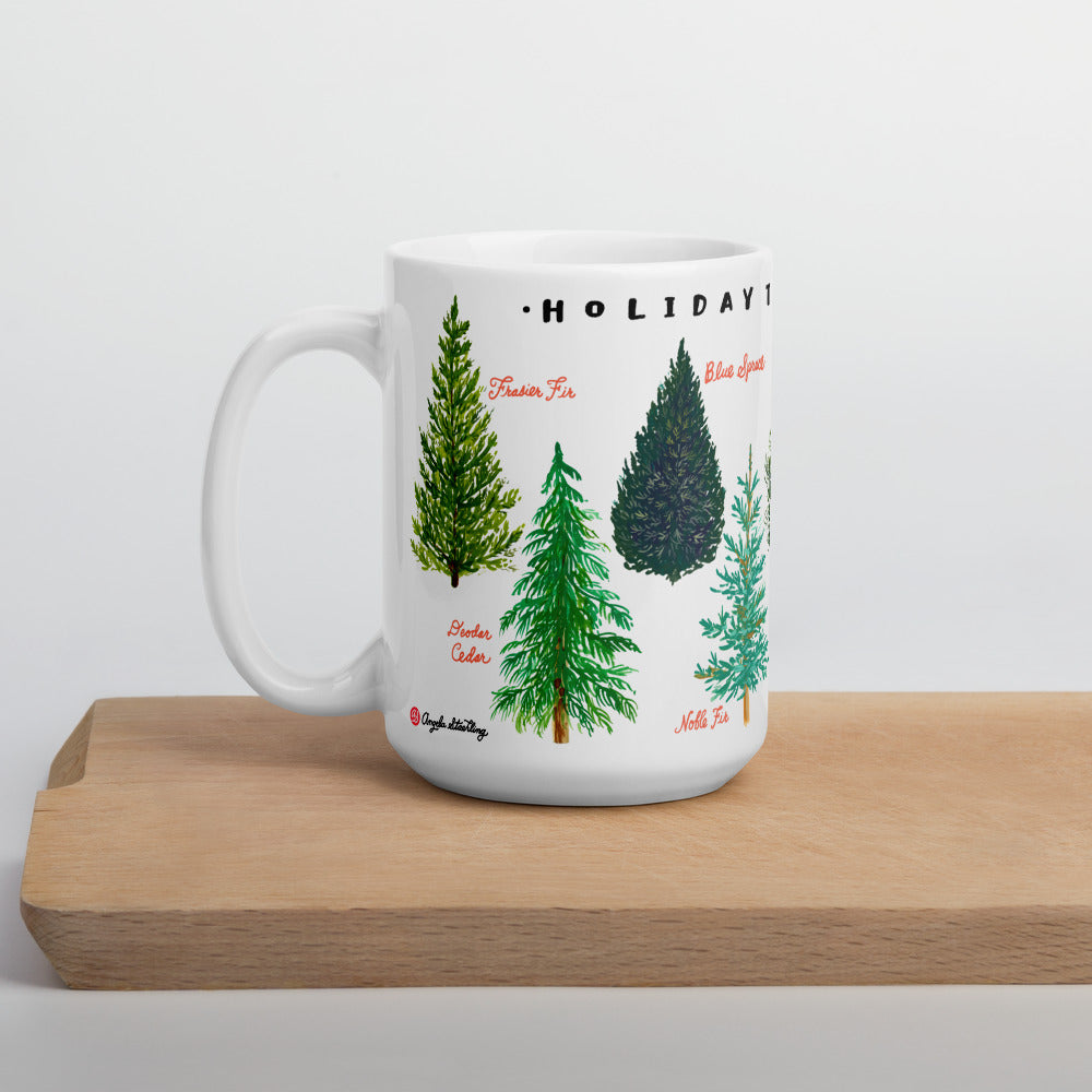 Christmas tree varieties on white ceramic coffee mug