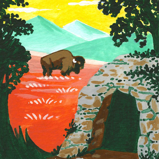 Wind Cave National Park art detail with bison and sunset; trendy illustration by Angela Staehling