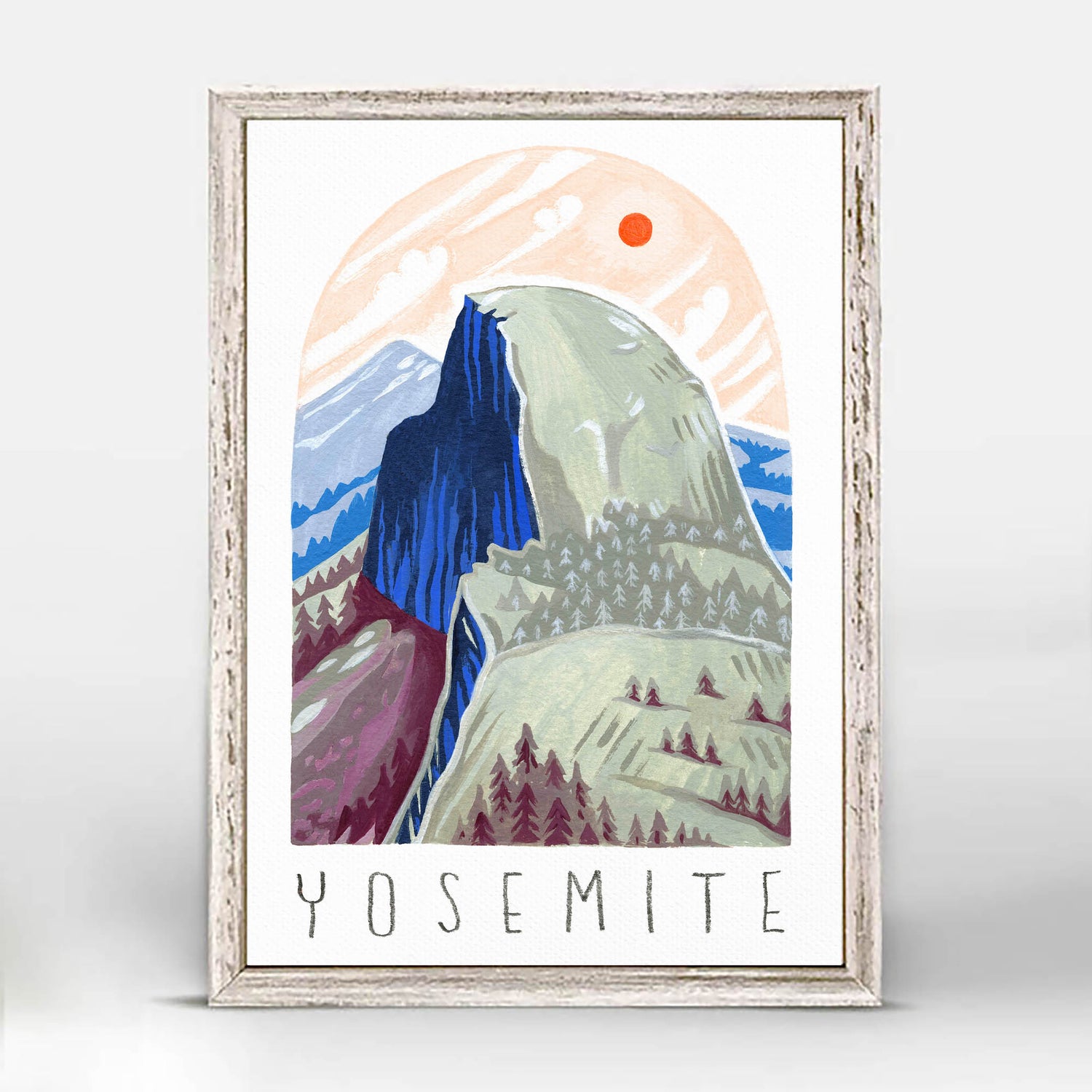 Yosemite National Park art with Half Dome and sunset; trendy illustration by Angela Staehling