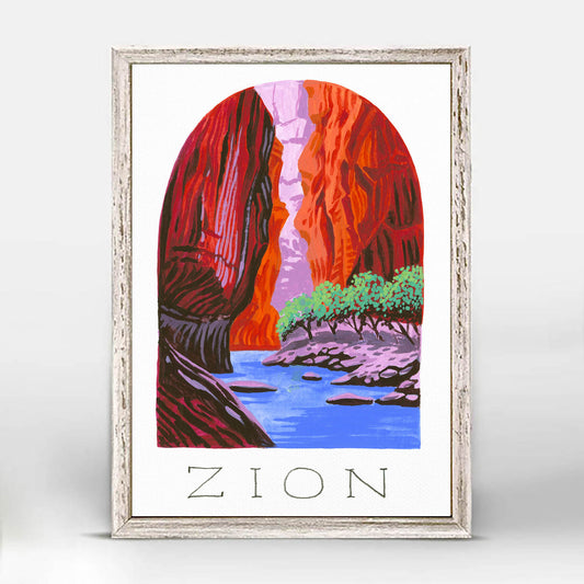 Zion National Park Art with steep red cliffs, Emerald Pools, and Virgin River; trendy illustration by Angela Staehling